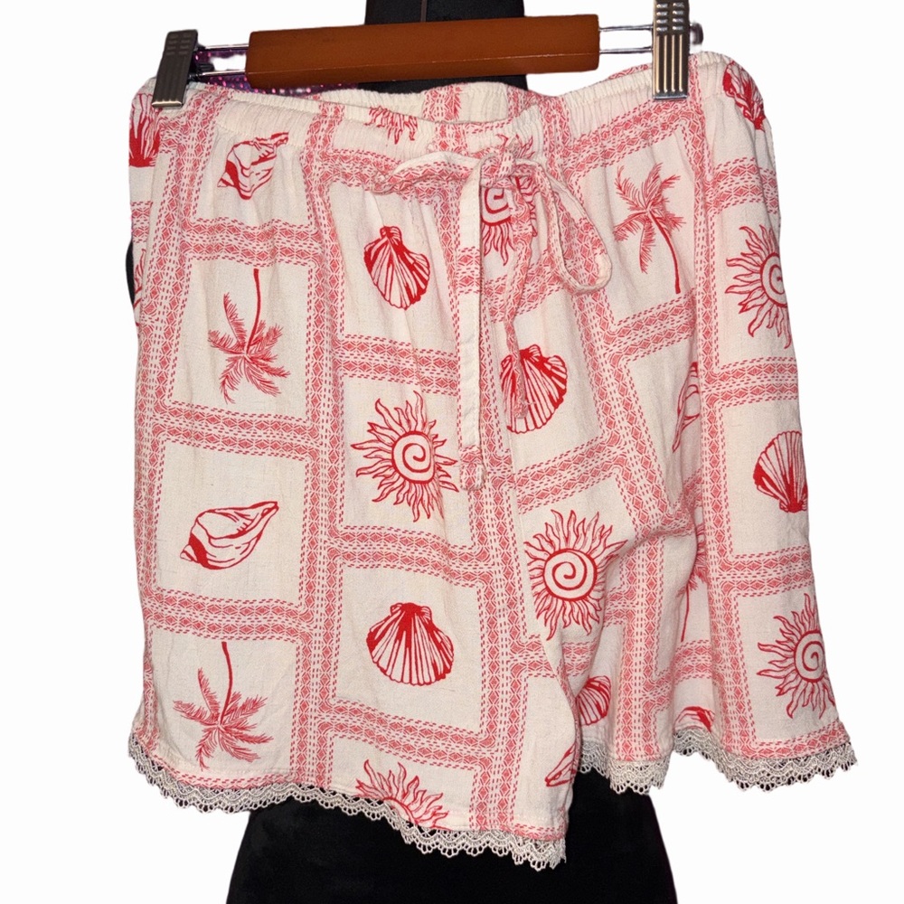 Como Red White Print Pajama Shorts  Lace Trim Lounge Sleepwear